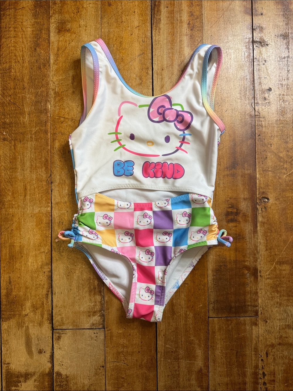 Hello Kitty one piece swim suit Rainbow checkerboard bathing suit summer beach